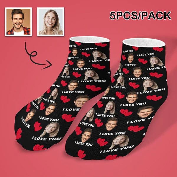 Personalized Photo Low Cut Ankle Socks With Your Lover's Face I Love You Black Background