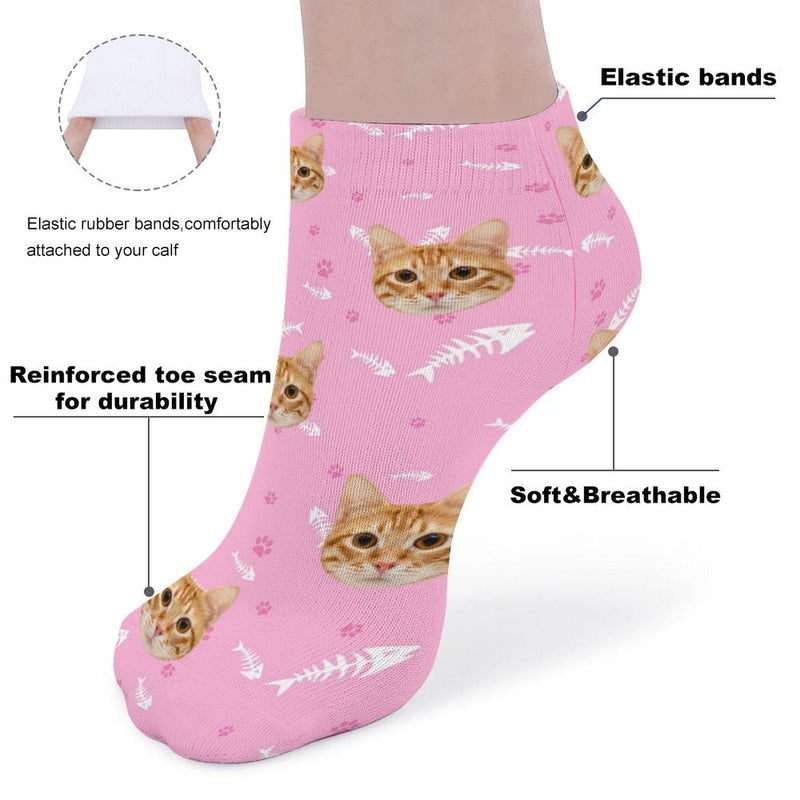 Personalized Photo Low Cut Ankle Socks With Your Pet's Face Pink Background For Pet Lovers