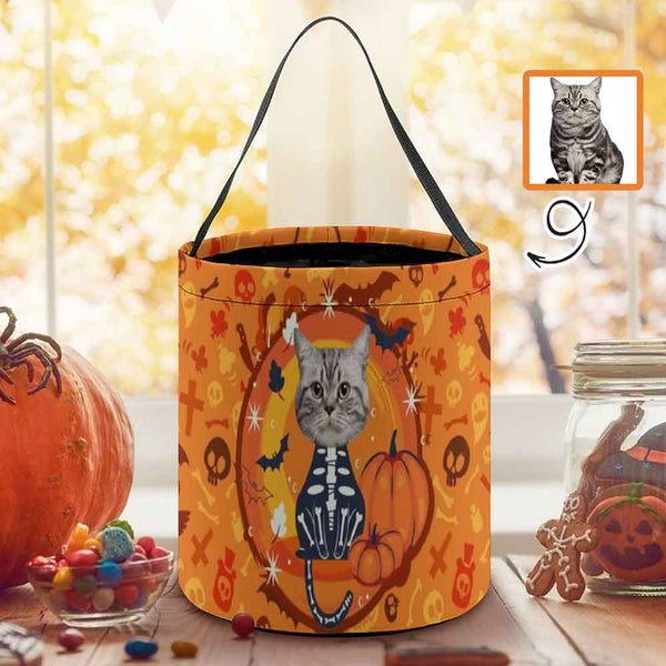 Custom Face Skull Cat Halloween Candy Bucket Halloween Basket Trick or Treat Bags Reusable Tote Bag Pumpkin Candy Gift Baskets for Kids Party