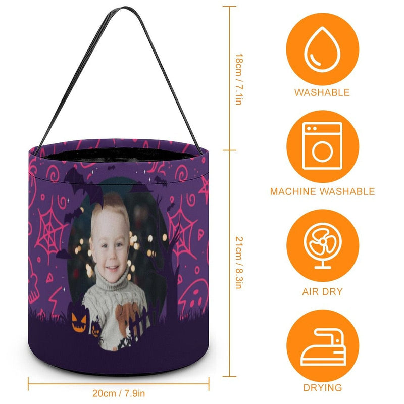 Custom Photo Little Devil Halloween Candy Bucket Halloween Basket Trick or Treat Bags Reusable Tote Bag Pumpkin Candy Gift Baskets for Kids Party