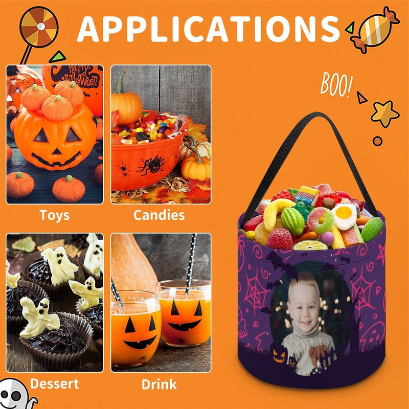 Custom Photo Little Devil Halloween Candy Bucket Halloween Basket Trick or Treat Bags Reusable Tote Bag Pumpkin Candy Gift Baskets for Kids Party