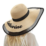 Custom Embroidery Name Black Wide Brim Straw Hat For Women Outdoor Summer Beach Cap Bride Hat