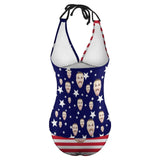 Custom Face American Flag Couple Matching Women's Tankini Sets&Men's Quick Dry 2 in 1 Beach Shorts