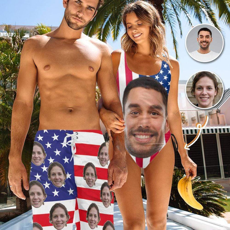 Couple Matching Swimsuit Custom Face American Flag White Star Men's Beach Shorts&Women's Bathing Suit Honeymoons Swimsuits