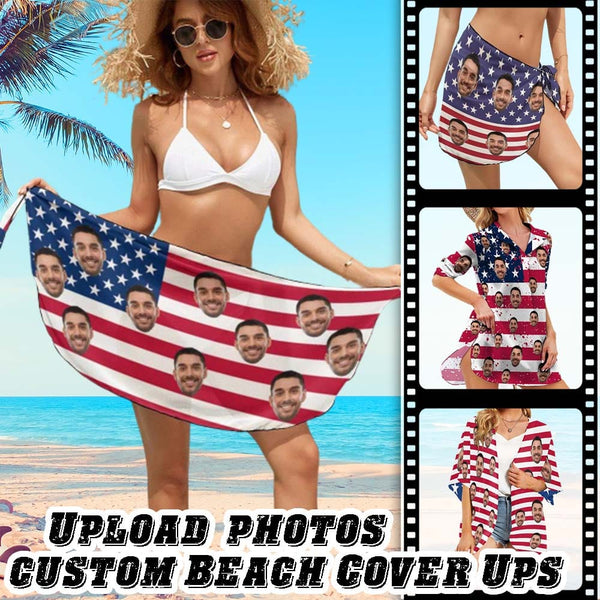 Personalized Photo Beach Wrap With Face American Flag Swim Bikini Cover Up Dress Personalized Beach Holiday's V-Neck Bikini Beach Tunic Top #Celebrate July Fourth Beach Holiday's Kimono Chiffon Cover Up