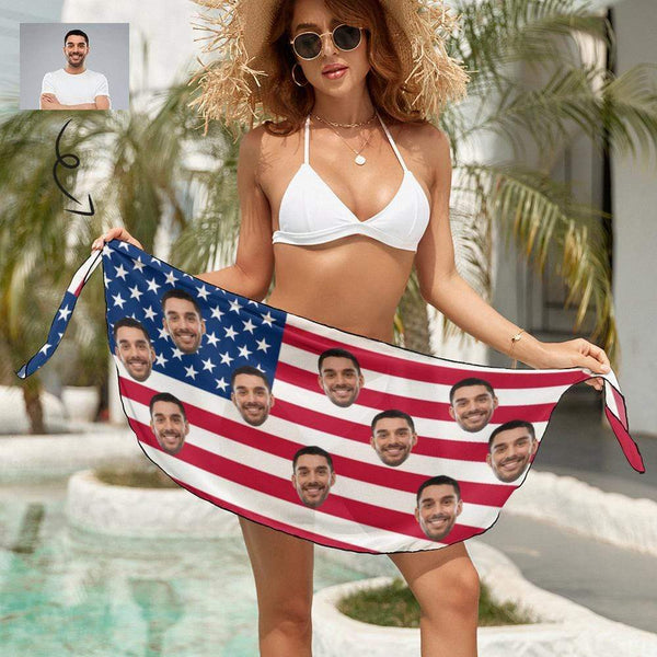Personalized Photo Beach Wrap With Face American Flag Swim Bikini Coverup Personalised Short Sarongs Beach Wrap For Holiday