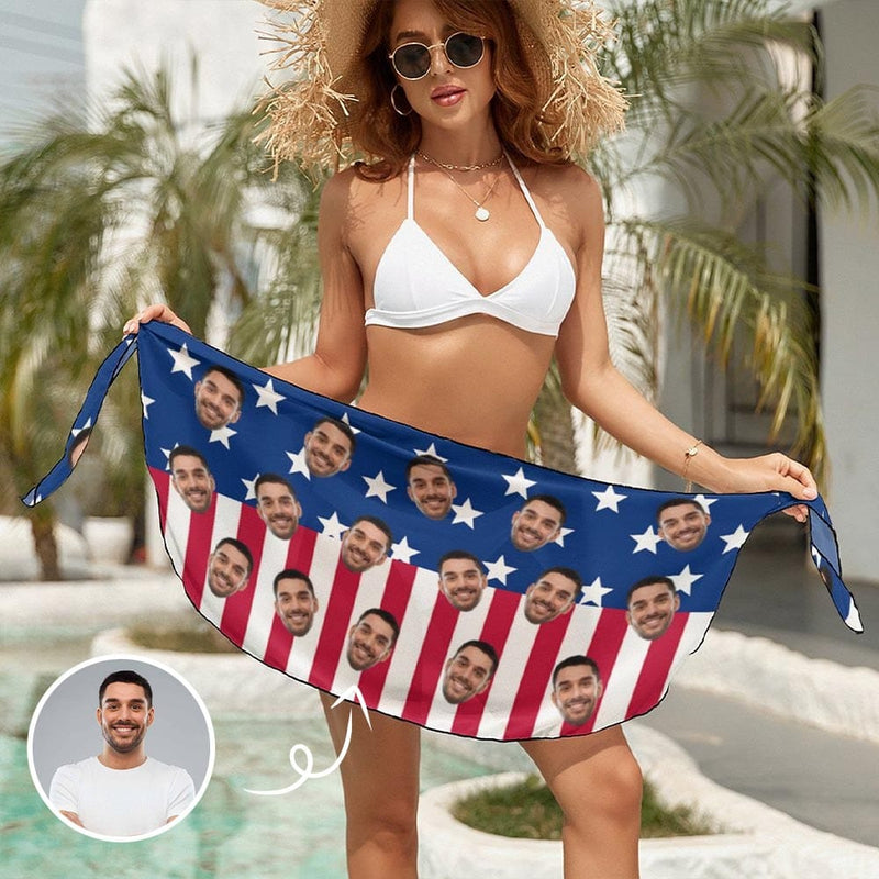 Personalized Photo Beach Wrap With Face US Flag Swim Bikini Coverup Personalised Short Sarongs Beach Wrap For Holiday