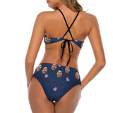Personalized High Neck Cutout High Waisted Bikini Custom Face Dark Blue