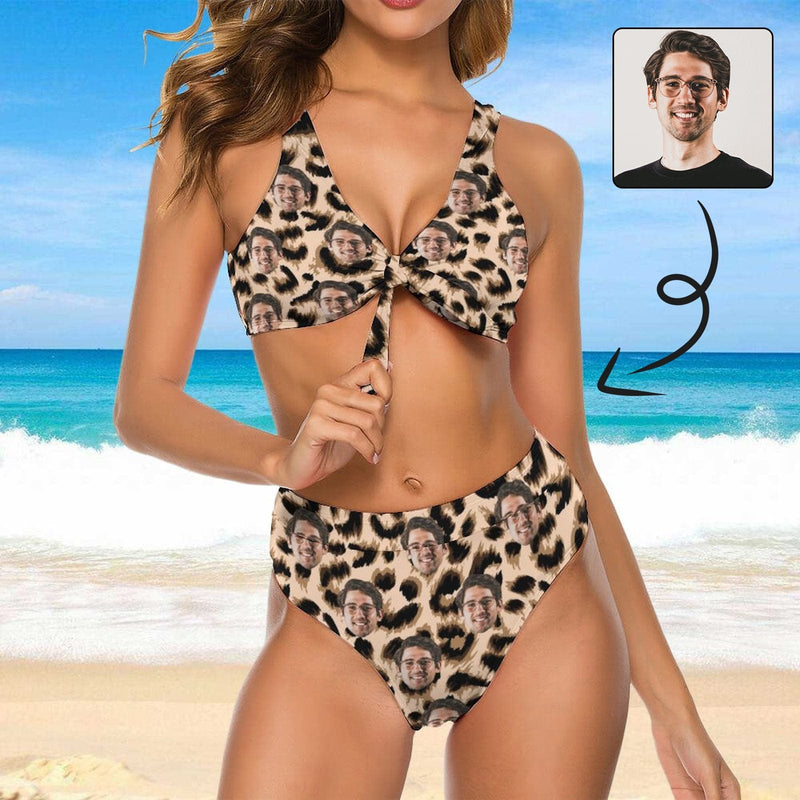 Personalized Chest Strap High Waisted Bikini Custom Face Leopard Women's Two Piece Swimsuit Personalized Bathing Suit