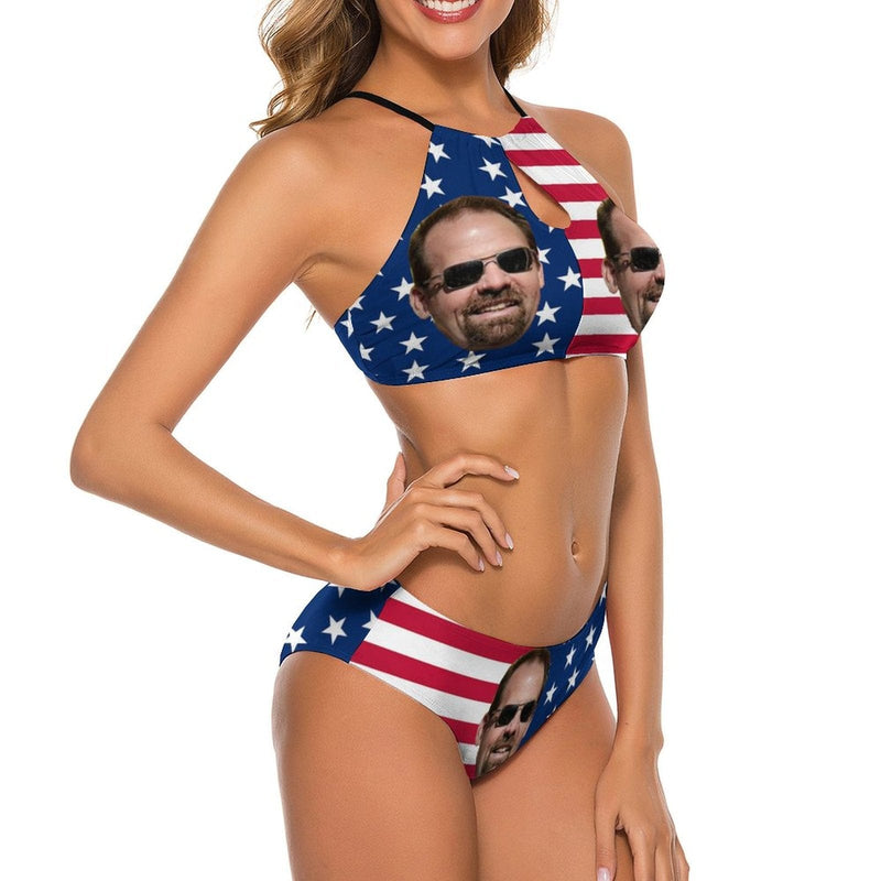 Personalized High Neck Cutout High Waisted Bikini Custom Face USA Flag