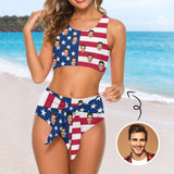 Custom Husband Face US Flag Personalized Women's Strap Bikini Swimsuit