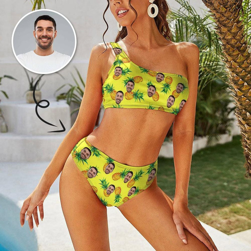 Personalized One Shoulder Stringless Low Waited Bikini Custom Face Pineapple