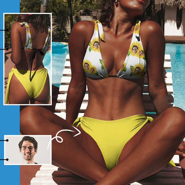 Personalized Deep V Neck Tie Side Low Waisted Triangle Bikini Custom Face Yellow Flowers Bathing Suit