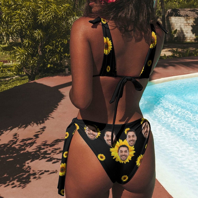 Personalized Deep V Neck Tie Side Low Waisted Triangle Bikini Custom Face Yellow Leopard Bathing Suit