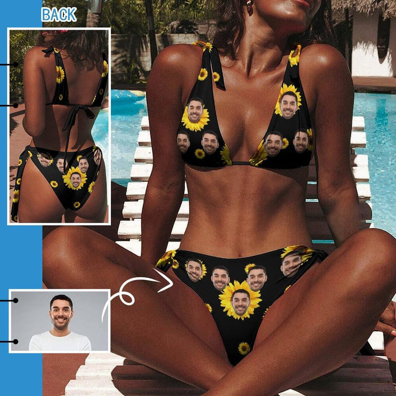 Personalized Deep V Neck Tie Side Low Waisted Triangle Bikini Custom Face Yellow Leopard Bathing Suit