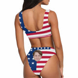 American Flag Style Personalized Scoop Neck Sport Top High Waisted Bikini Custom Face Women's Two Piece Bathing Suit Beach Outfits