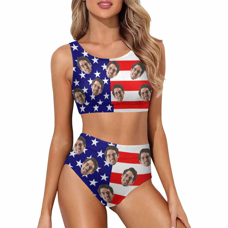 American Flag Style Personalized High Crew Neck High Waisted Bikini Custom Face