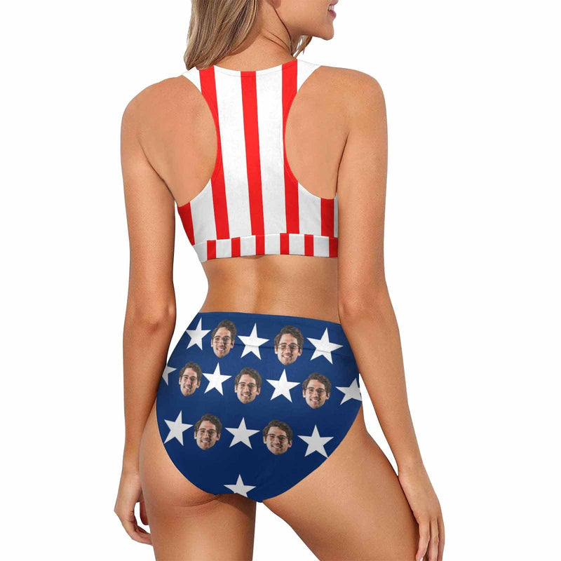 American Flag Style Personalized High Crew Neck High Waisted Bikini Custom Face