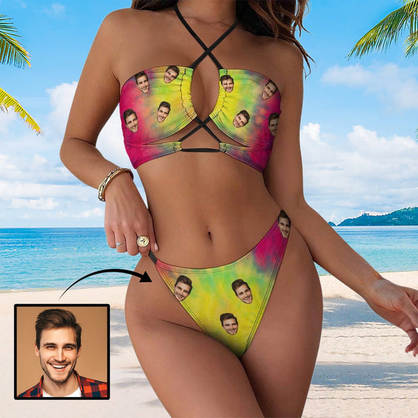 Customized Beach Yellow Red Gradient Bikini Personalized Women's Hanging Neck Swimsuit With Face Photo Gift For Girlfriend