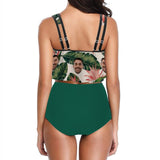 Personalized Ruffle Tankini High Waisted Bikini Custom Face Green Leaves Bathing Suit
