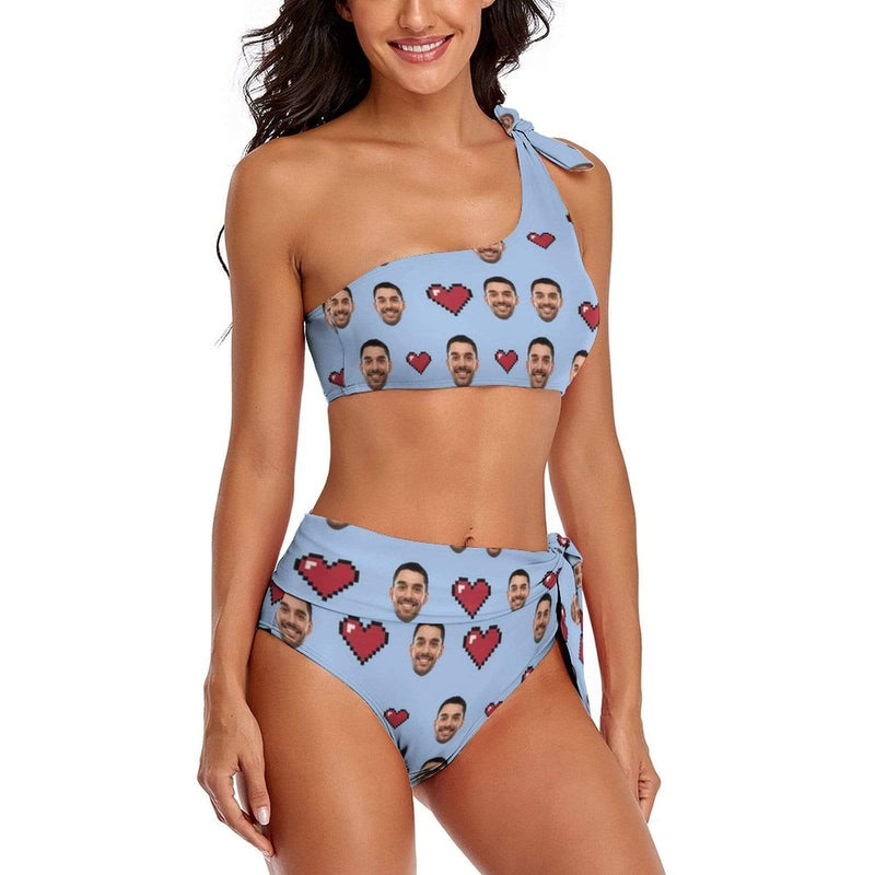Personalized One Shoulder Tie Side High Waited Bikini Custom Face Heart