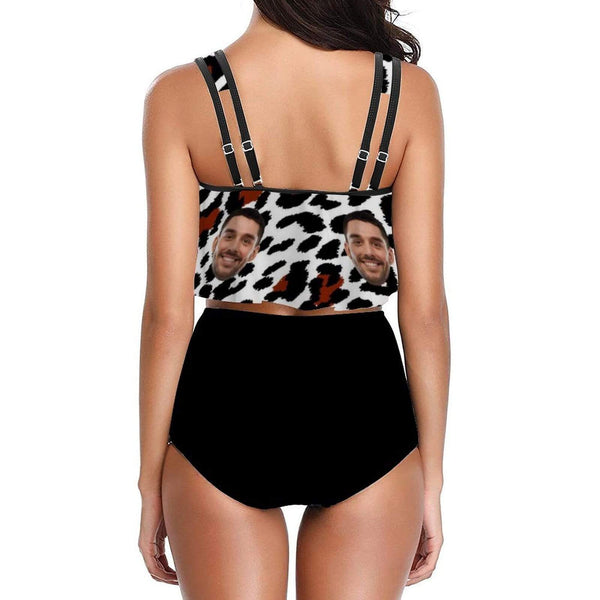 Personalized Ruffle Tankini High Waisted Bikini Custom Face Leopard Black Bathing Suit
