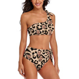 Personalized One Shoulder Tie Side High Waited Bikini Custom Face Leopard