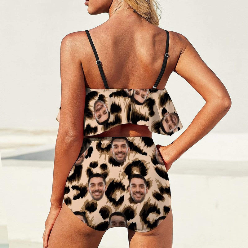 Personalized Ruffle Bikini Custom Face Leopard Bathing Suit Women's Two Piece High Waisted Bikini Swimsuit