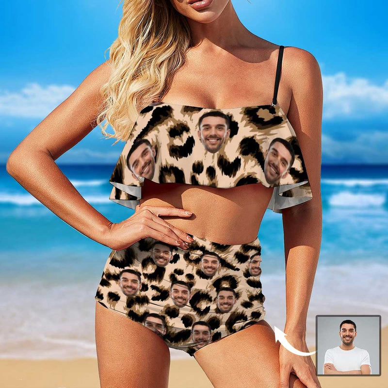 Personalized Ruffle Bikini Custom Face Leopard Bathing Suit Women's Two Piece High Waisted Bikini Swimsuit