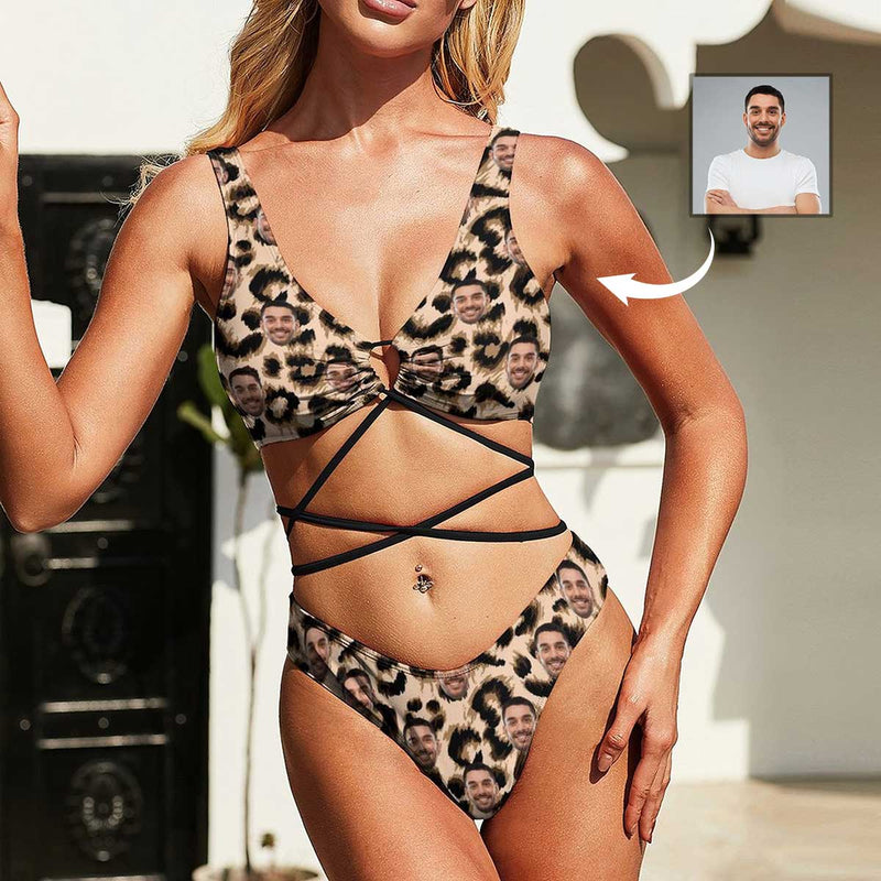 Personalized Tie Bond Low Waisted Bikini Custom Face Leopard Bathing Suit