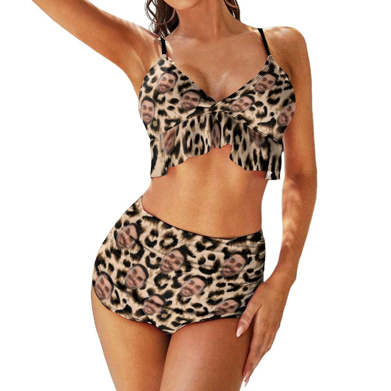 Personalized V Neck Flounce High Waisted Bikini Custom Face Leopard Bathing Suit