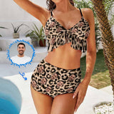 Personalized V Neck Flounce High Waisted Bikini Custom Face Leopard Bathing Suit