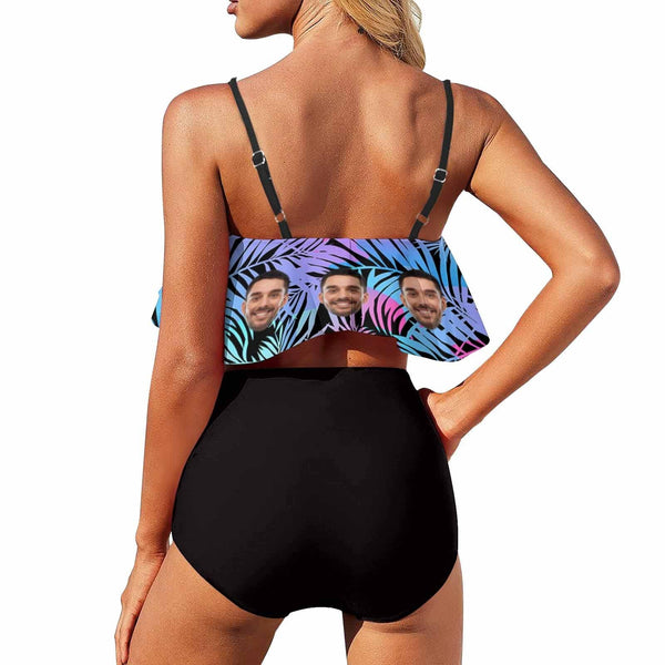 Personalized Ruffle Bikini Custom Face Palm Leaves Bathing Suit Women's Two Piece High Waisted Bikini Swimsuit