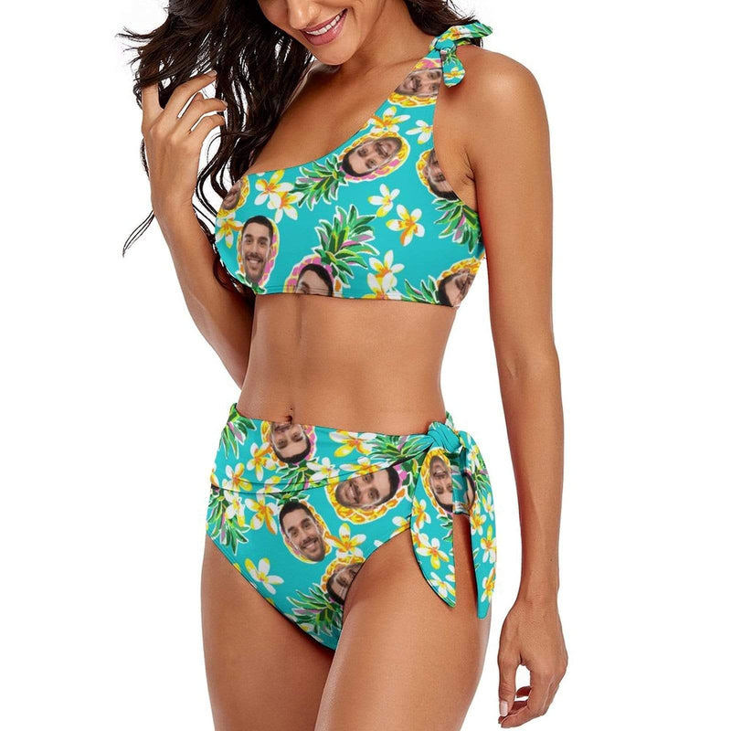 Personalized One Shoulder Tie Side High Waited Bikini Custom Face Pineapple