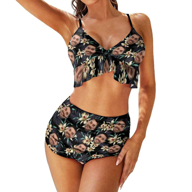 Personalized V Neck Flounce High Waisted Bikini Custom Face Plant Flowers Bathing Suit Women's Two Piece Ruffle Hem Swimsuit