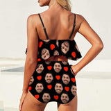 Personalized Ruffle Bikini Custom Face Red Heart Bathing Suit Women's Two Piece High Waisted Bikini Swimsuit