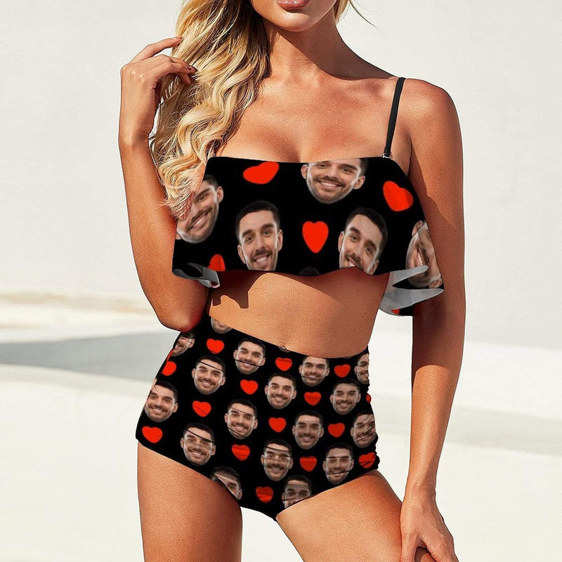 Personalized Ruffle Bikini Custom Face Red Heart Bathing Suit Women's Two Piece High Waisted Bikini Swimsuit