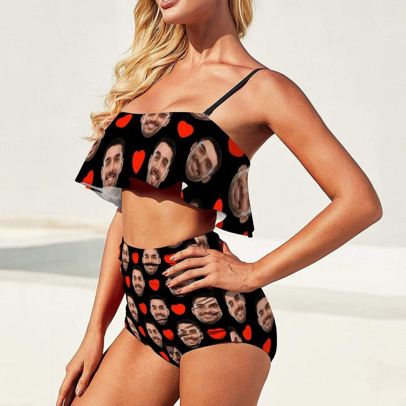 #Plus Size Ruffle Bikini-Custom Face Red Heart Personalized Bathing Suit Women's Two Piece High Waisted Bikini Swimsuit