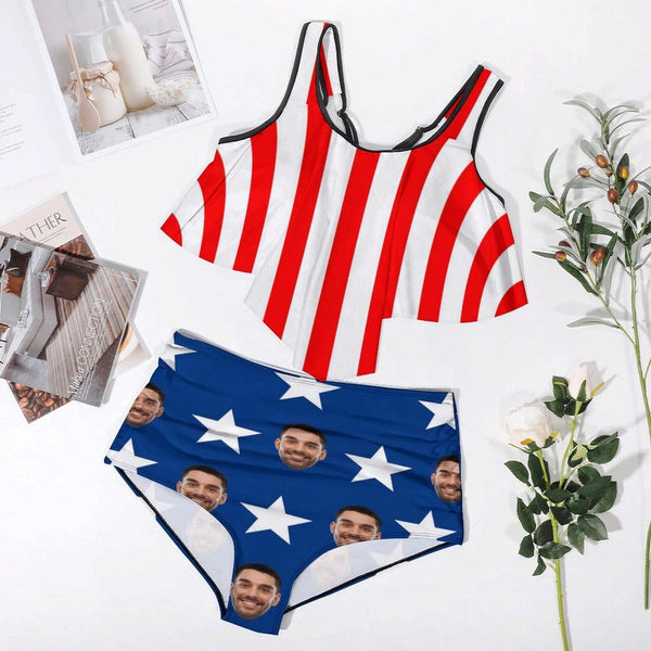 #Plus Size Ruffle Tankini-Flag Style Custom Face Plus Size Swimsuit Ruffle High Waisted Bikini Personalized Tankini
