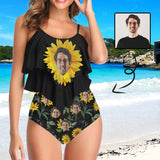 Personalized Double Ruffled Tankini Custom Face Sunflower High Waisted Bathing Suit Summer Swimsuit