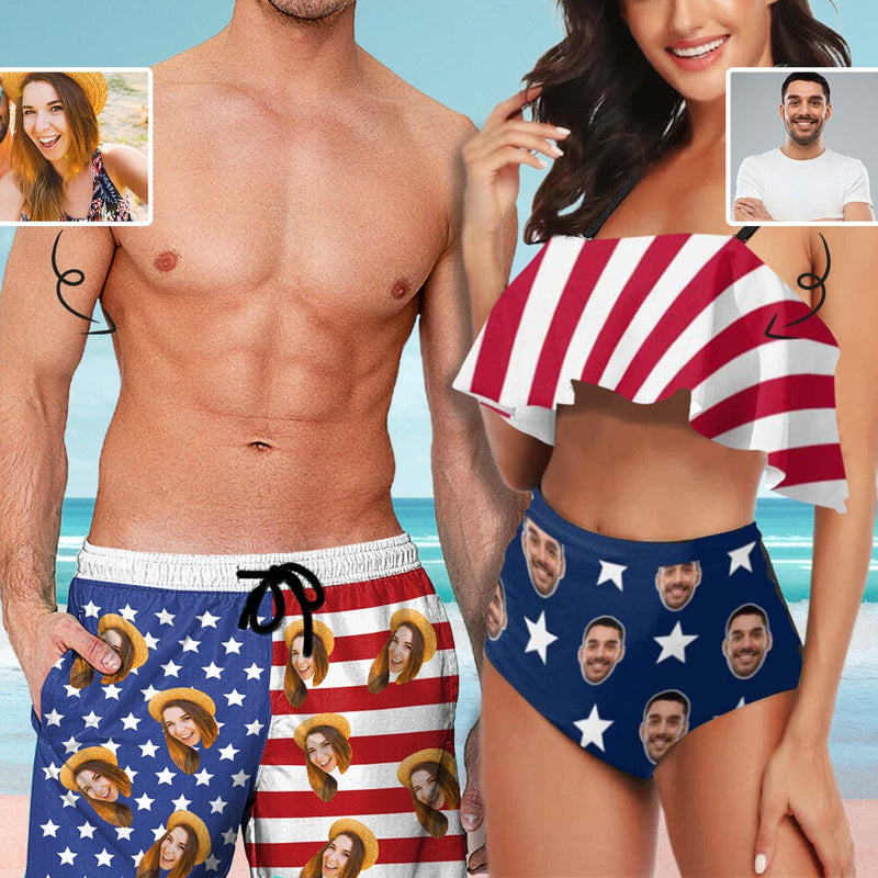 Couple Matching Bathing Suits Custom Face American Flag Ruffle Bikini and Swim Shorts
