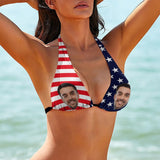 Deep V Neck-Custom Big Face Flag Personalized Bikini Swimsuit Top