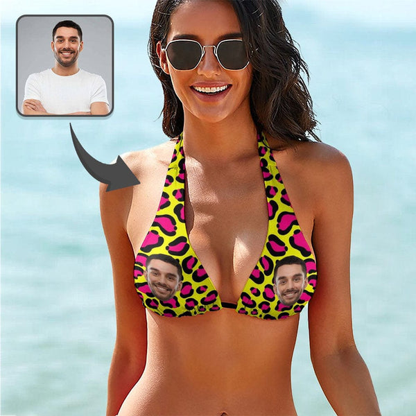 Deep V Neck-Custom Face Yellow Leopard Personalized Bikini Swimsuit Top