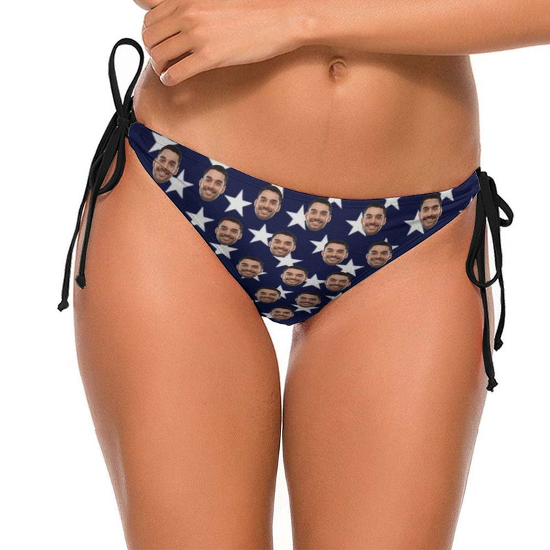 Deep V Neck-Custom Face American Flag Star Personalized Bikini Swimsuit Top
