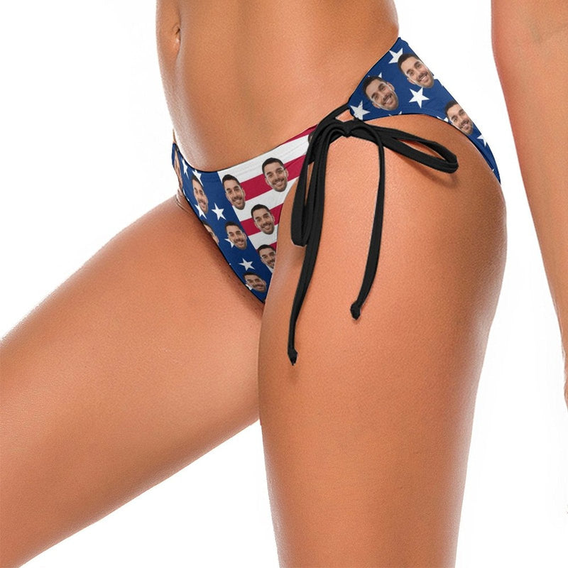 Side Tie-Custom Face USA Flag Personalized Bikini Swimsuit Bottom