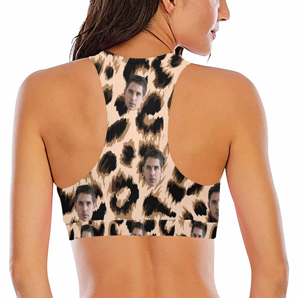 #Crewneck Tank Bikini Top - Custom Face Leopard Print Women's Beach Crop High-Neck Bikini Top