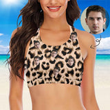 #Crewneck Tank Bikini Top - Custom Face Leopard Print Women's Beach Crop High-Neck Bikini Top