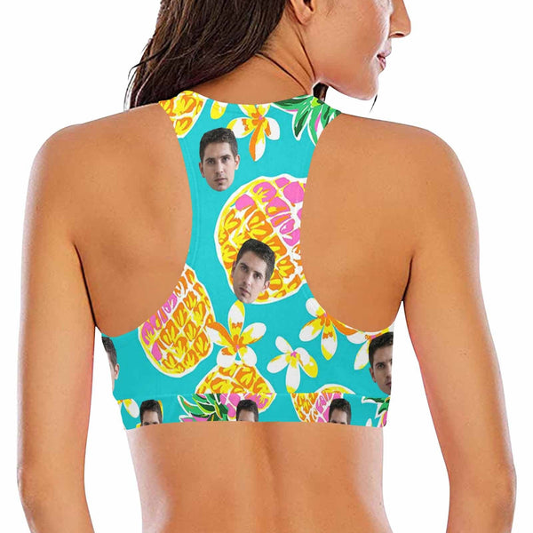 #Crewneck Tank Bikini Top - Custom Face Pineapple Women's Beach Crop High-Neck Bikini Top