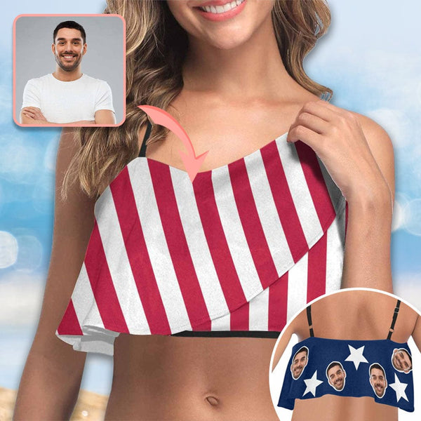 Ruffle Bikini Top-Custom Face USA Flag Personalized Bikini Swimsuit Top