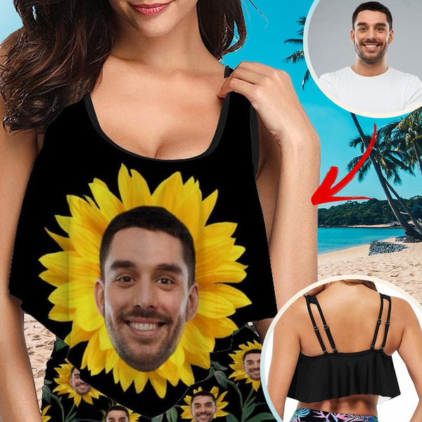 Ruffle Bikini Top-Custom Husband Face Women's Sunflower Bikini Top Swimsuit Ruffle Swim Top